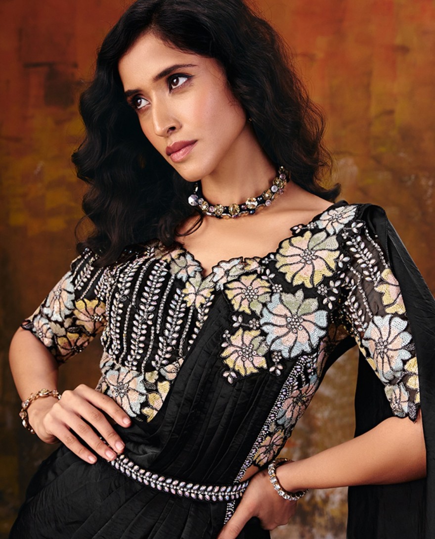 27115 - Jet Black Embroidered Wedding Party Designer Saree
